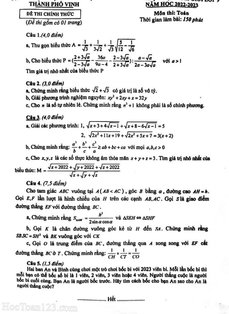 Đề thi HSG Toán 9 thành phố Vinh Nghệ An 2022 2023 Học Toán 123