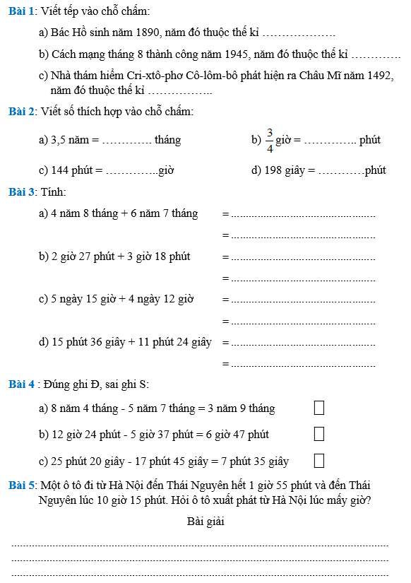 Phiếu bài tập Toán lớp 5 &#8211; Tuần 25