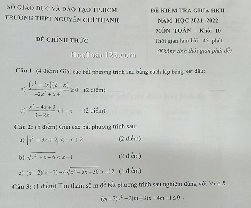 Đề kiểm tra giữa HK2 môn Toán 10 THPT Nguyễn Chí Thanh, quận Tân Bình 2021-2022