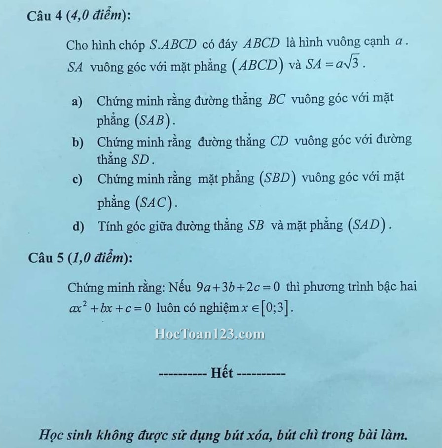 Đề kiểm tra giữa HK2 môn Toán 11 THPT Nguyễn An Ninh, quận 10 năm 2021-2022