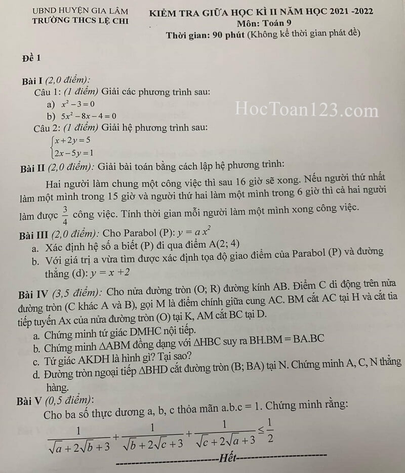 Đề kiểm tra giữa HK2 môn Toán 9 THCS Lệ Chi 2021-2022