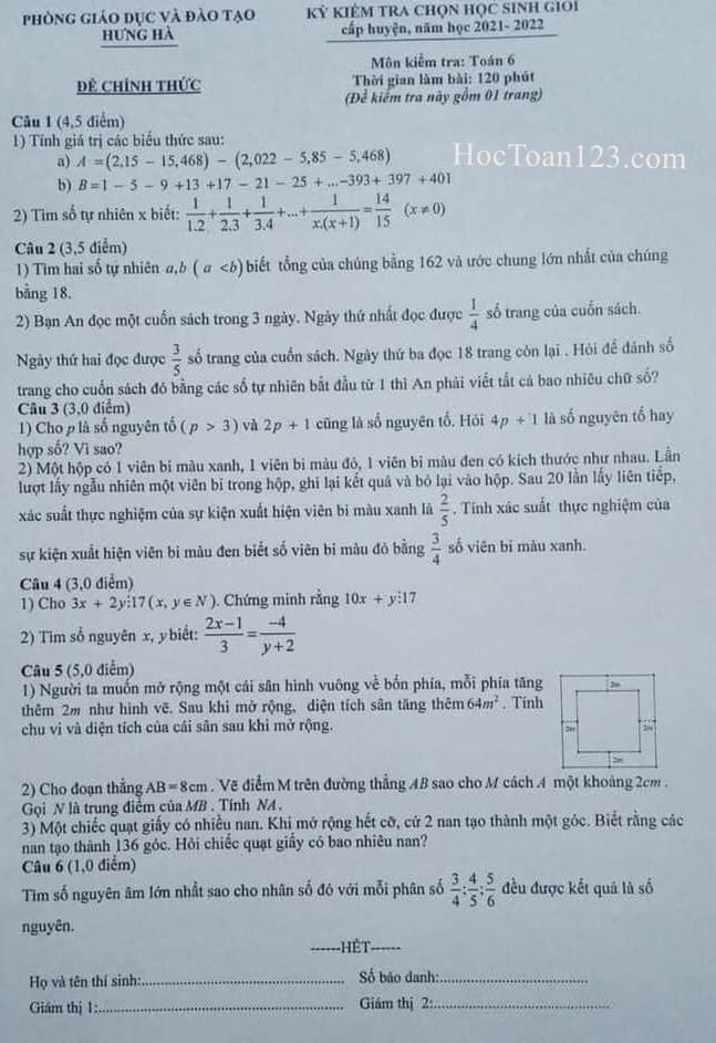 Đề thi HSG Toán 6 huyện Hưng Hà, Thái Bình 2021-2022