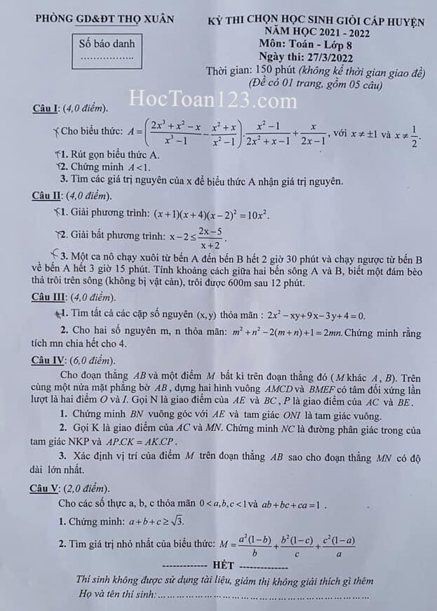 Đề thi HSG Toán 8 huyện Thọ Xuân, Thanh Hoá 2021-2022