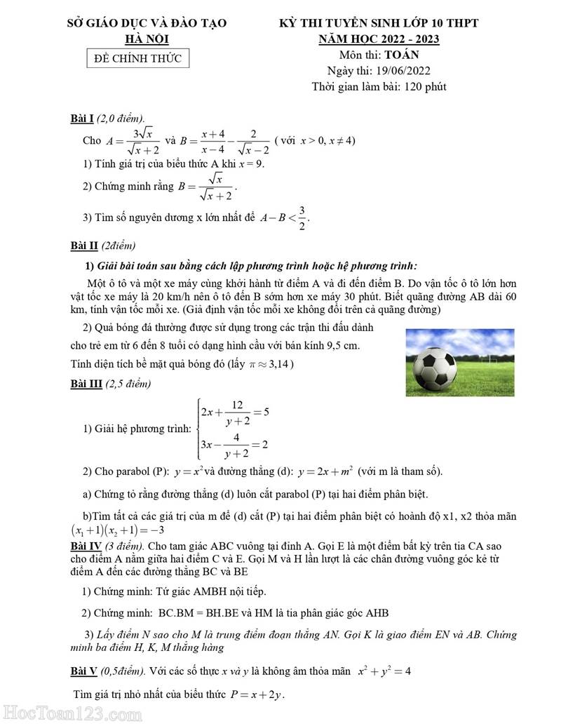 Đề thi Toán vào 10 THPT thành phố Hà Nội 2022-2023 có đáp án