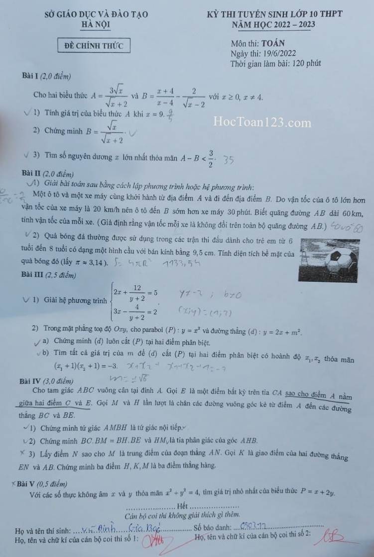 Đề thi Toán vào 10 THPT thành phố Hà Nội 2022-2023 có đáp án