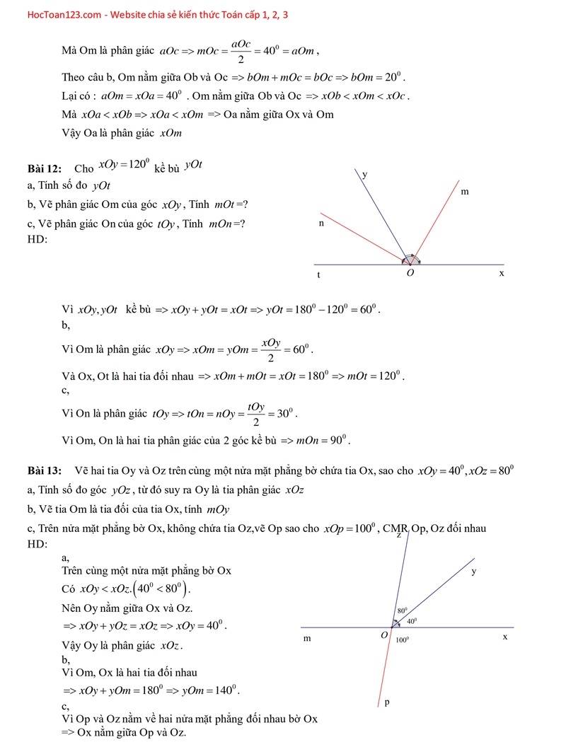 32 bài toán về tia phân giác của một góc - Toán nâng cao lớp 6