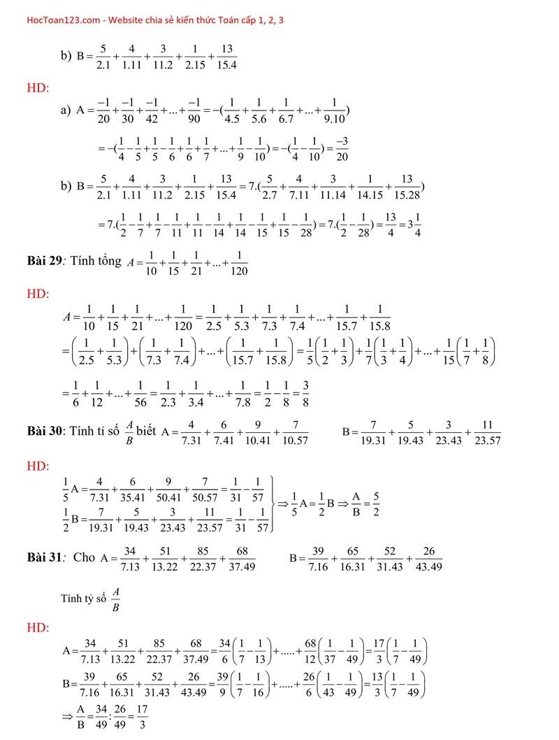 34 bài toán tính tổng phân số có hướng dẫn giải