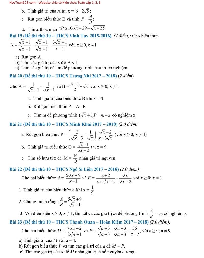 70 bài tập Rút gọn biểu thức - bài toán liên quan thi thử vào lớp 10 môn Toán