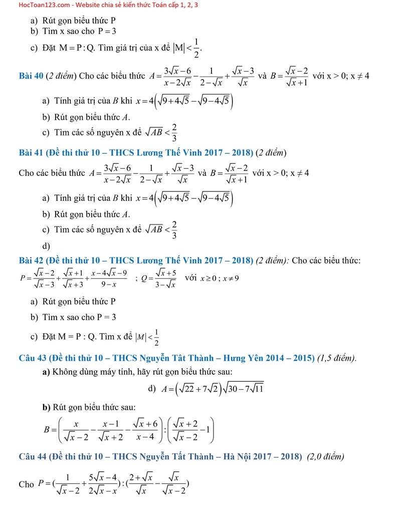 70 bài tập Rút gọn biểu thức - bài toán liên quan thi thử vào lớp 10 môn Toán