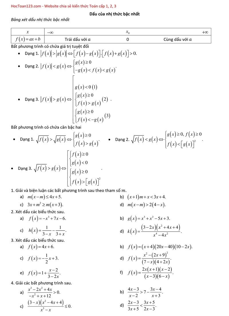 Bài tập dấu nhị thức bậc nhất, dấu tam thức bậc hai, bất phương trình bậc nhất
