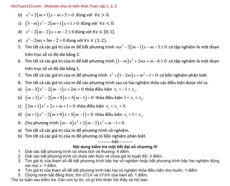 Bài tập dấu nhị thức bậc nhất, dấu tam thức bậc hai, bất phương trình bậc nhất