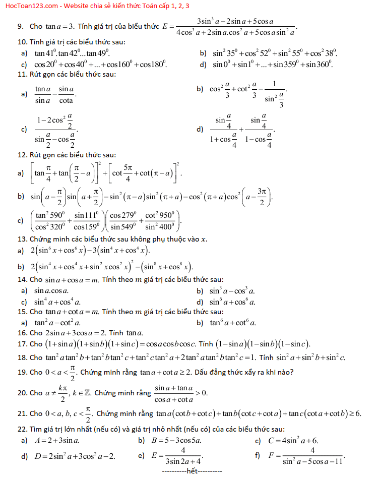 Bài tập giá trị lượng giác của một cung - Đại số 10