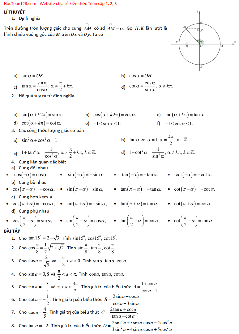 Bài tập giá trị lượng giác của một cung - Đại số 10