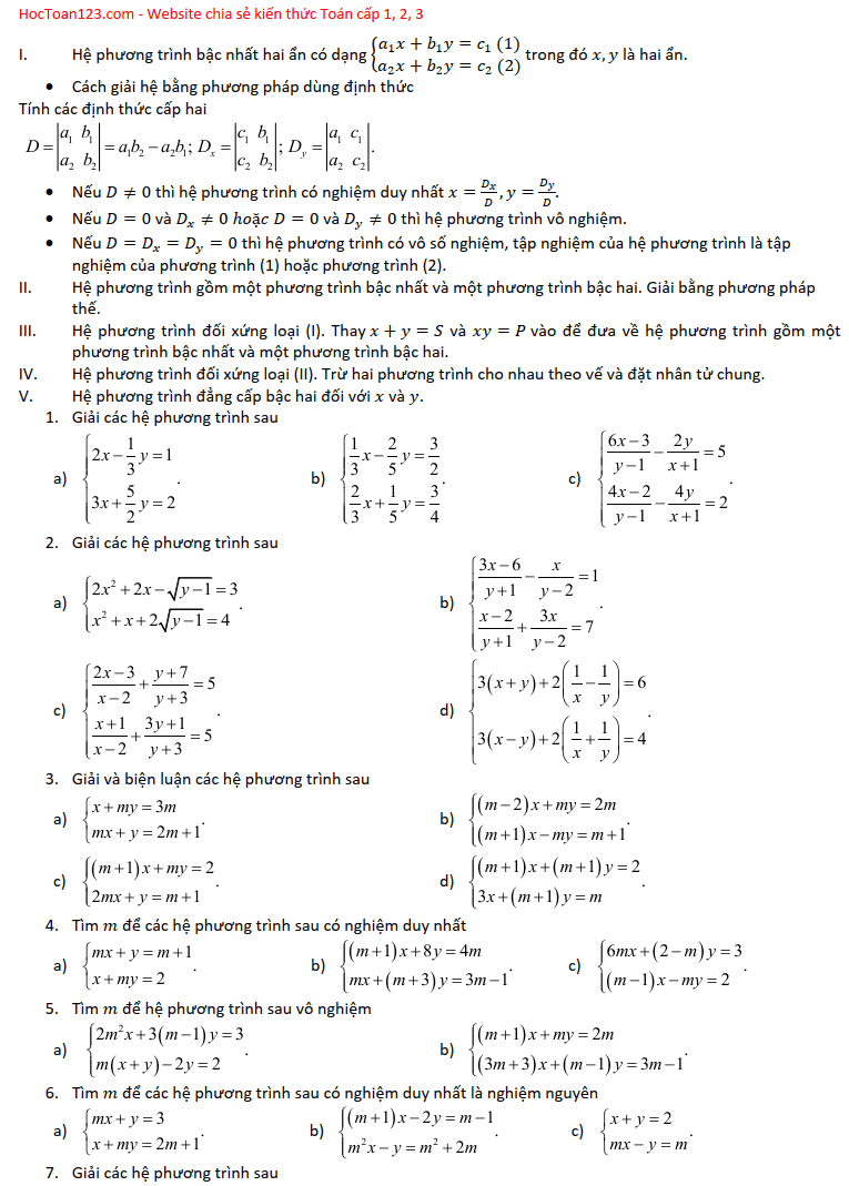 Bài tập hệ phương trình bậc nhất, bậc hai - Đại số 10