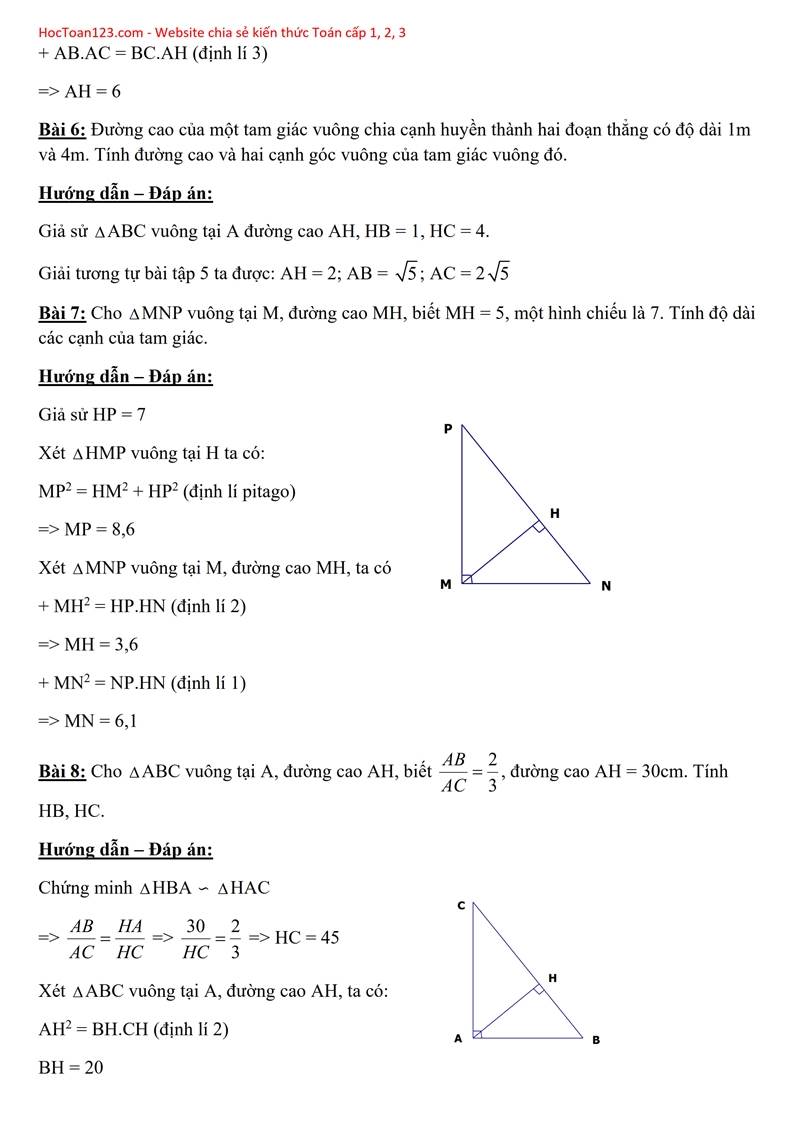 Bài tập: Một số hệ thức về cạnh và đường cao trong tam giác vuông