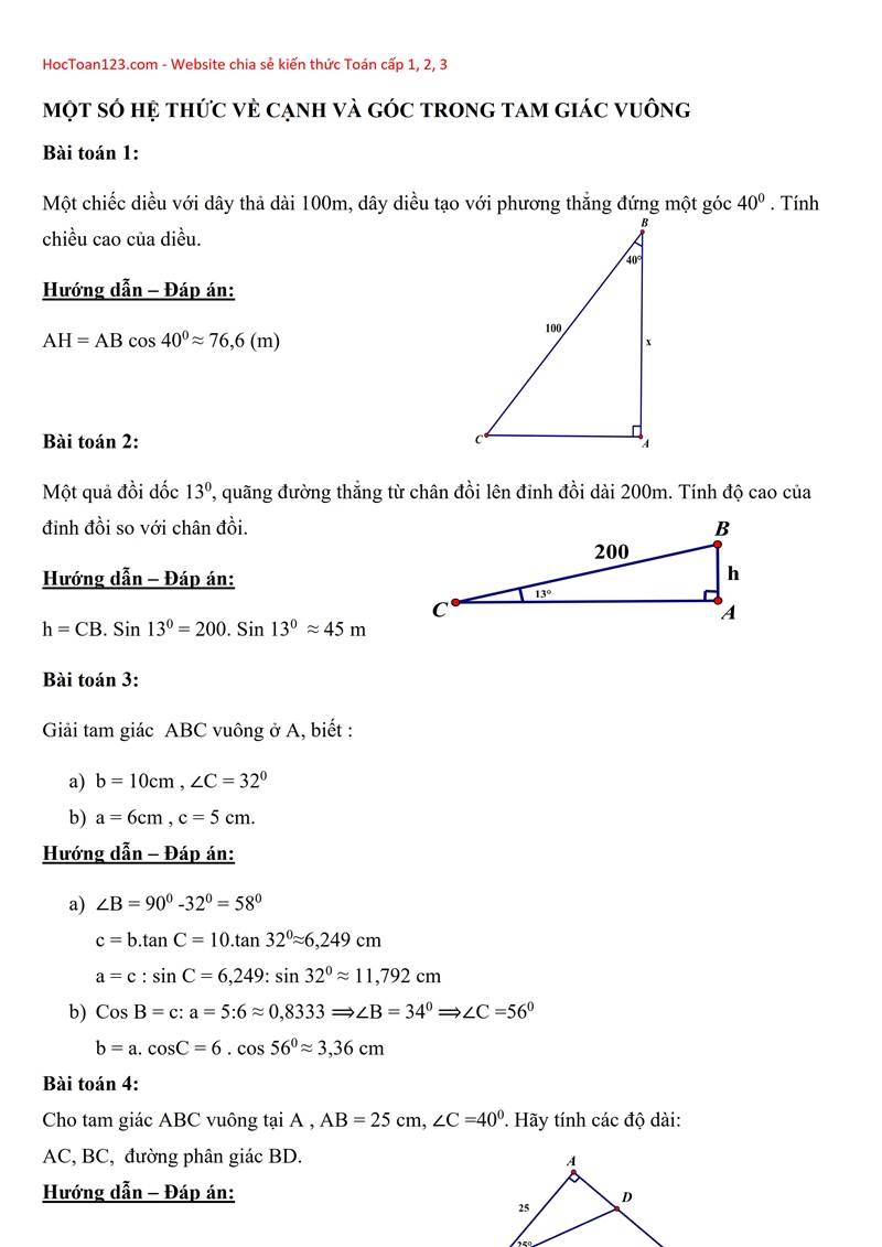 Bài tập: Một số hệ thức về cạnh và góc trong tam giác vuông