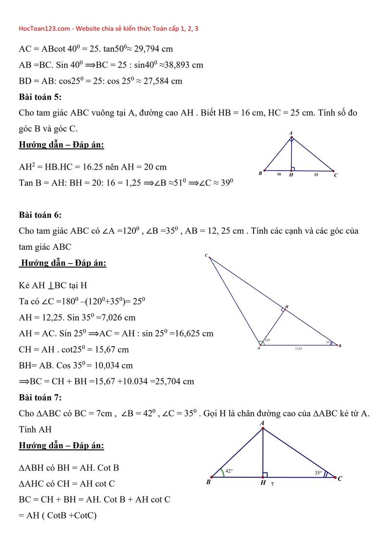 Bài tập: Một số hệ thức về cạnh và góc trong tam giác vuông
