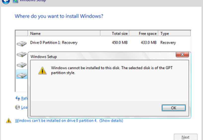 Lỗi “Windows cannot be installed to this disk&#8221;