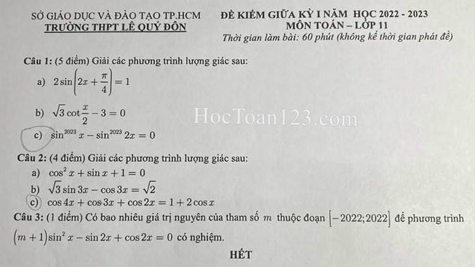 Đề kiểm tra giữa HK1 môn Toán 11 THPT Lê Quý Đôn 2022-2023