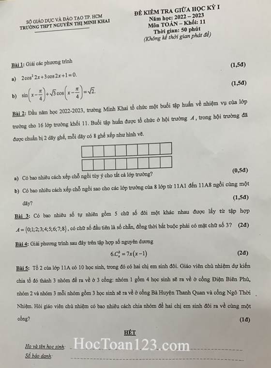 Đề kiểm tra giữa HK1 môn Toán 11 THPT Nguyễn Thị Minh Khai 2022-2023