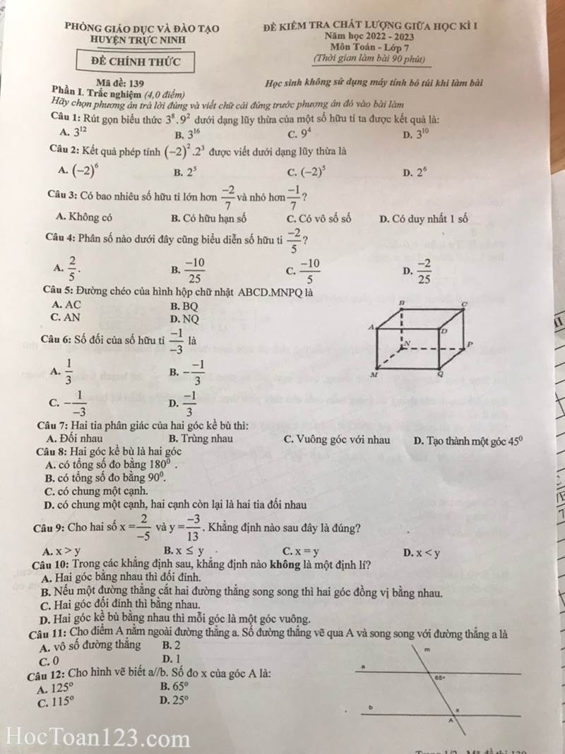 Đề kiểm tra giữa HK1 môn Toán 7 huyện Trực Ninh 2022-2023