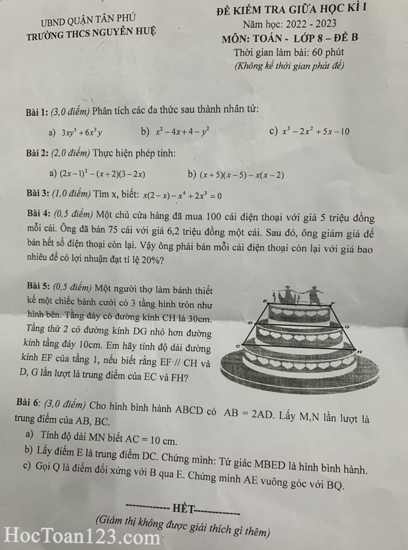 Đề kiểm tra giữa HK1 môn Toán 8 THCS Nguyễn Huệ, quận Tân Phú 2022-2023