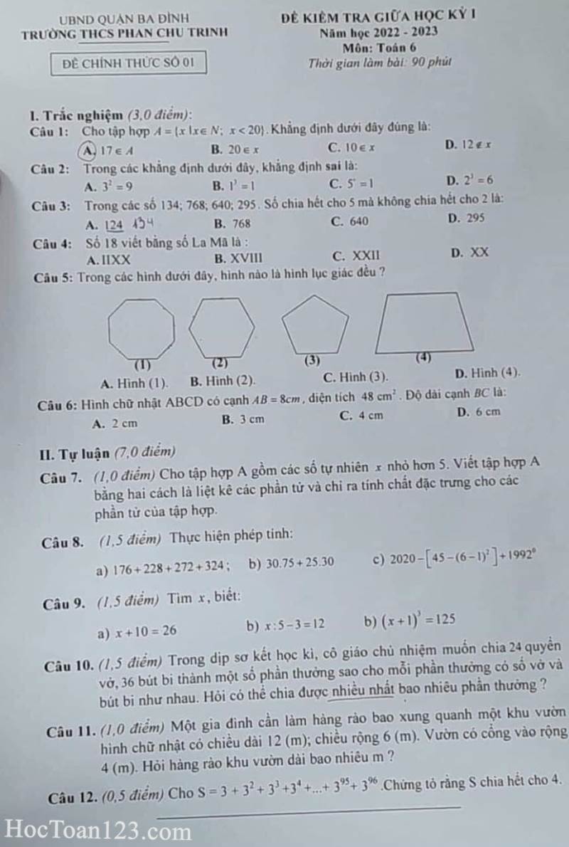 Đề kiểm tra giữa HK1 môn Toán 6 THCS Phan Chu Trinh 2022-2023
