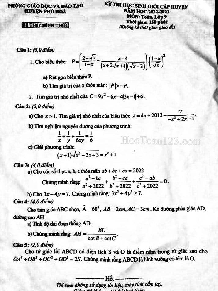 Đề thi HSG Toán 9 huyện Phú Hòa, Phú Yên 2022-2023