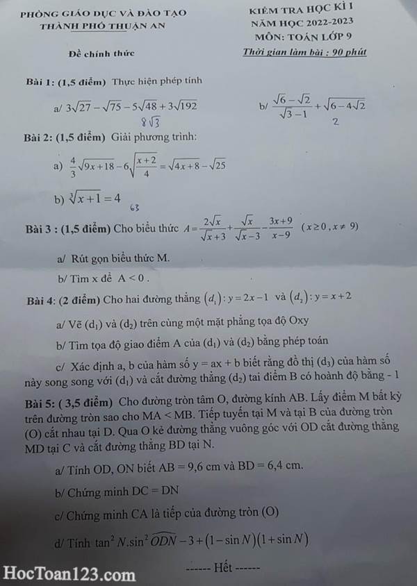 Đề thi HK1 Toán 9 thành phố Thuận An 2022-2023