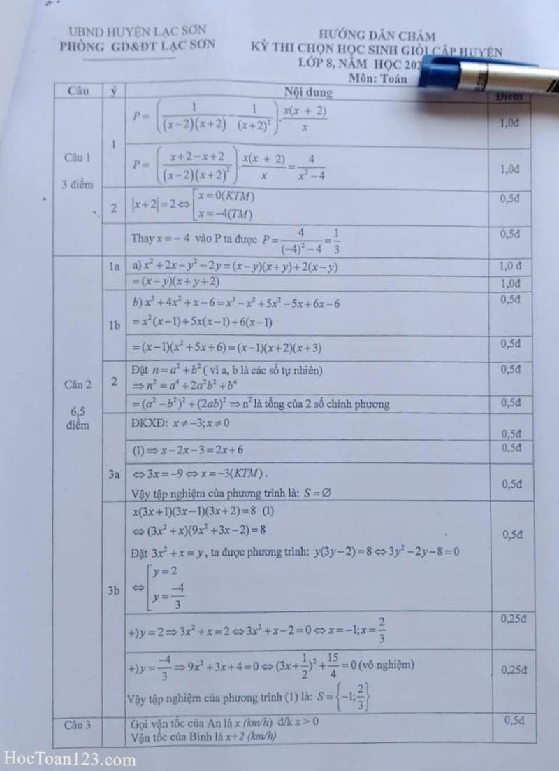 Đề thi HSG Toán 8 huyện Lạc Sơn 2022-2023 có đáp án