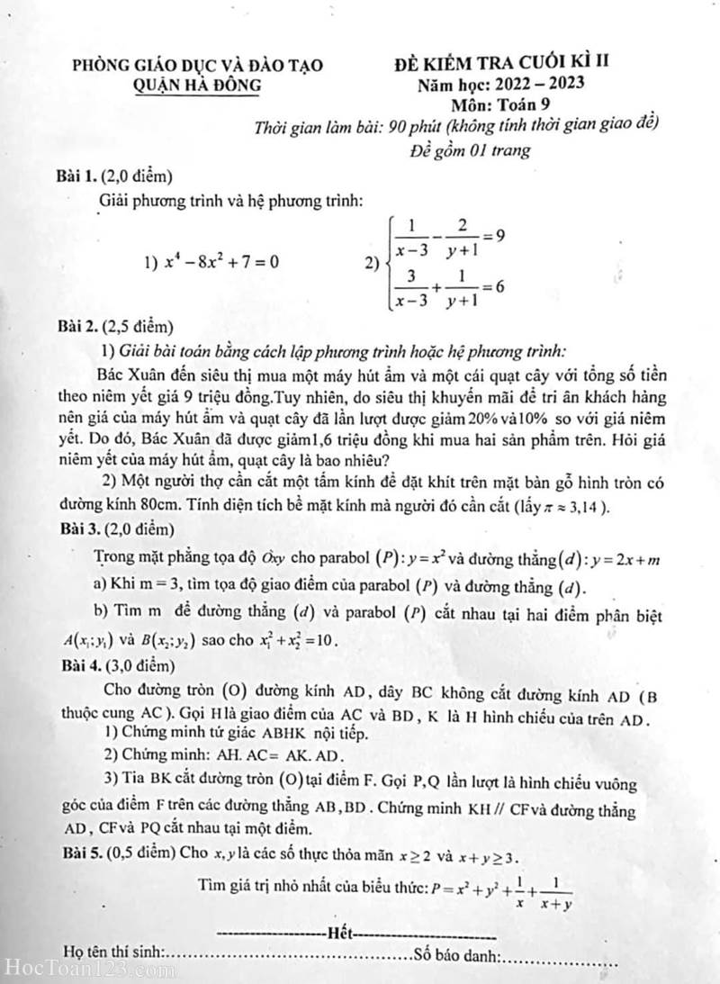 Đề kiểm tra HK2 Toán 9 quận Hà Đông 2022-2023
