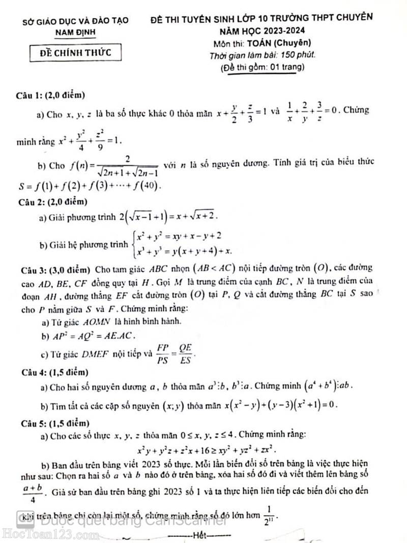 Đề thi Toán vào 10 THPT chuyên Lê Hồng Phong, Nam Định 2023-2024
