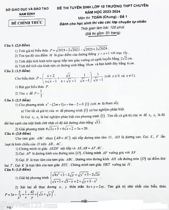 Đề thi Toán vào 10 THPT chuyên Lê Hồng Phong, Nam Định 2023-2024