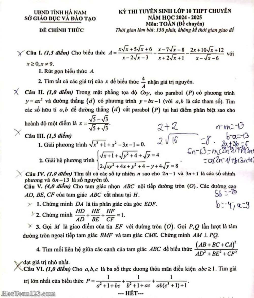 Đề thi Toán vào 10 THPT chuyên tỉnh Hà Nam 2024-2025