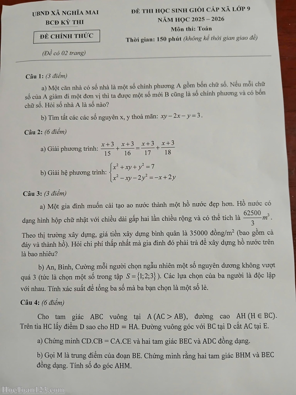Đề HSG Toán 9 xã Nghĩa Mai, Nghệ An năm 2025-2026