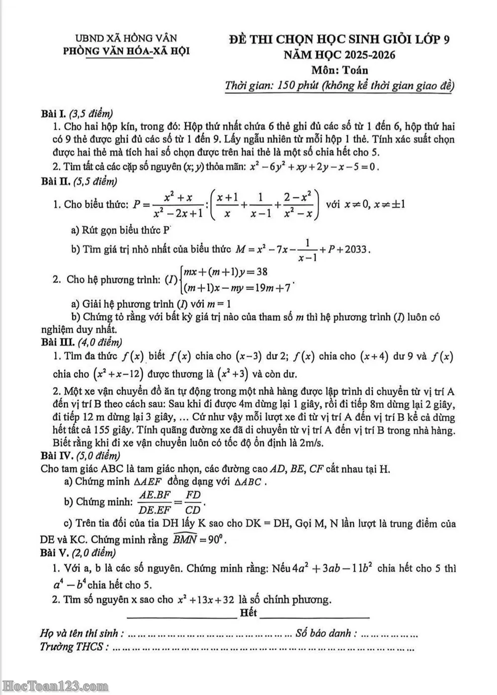 Đề HSG Toán 9 xã Hồng Vân, Hà Nội 2025-2026 có đáp án