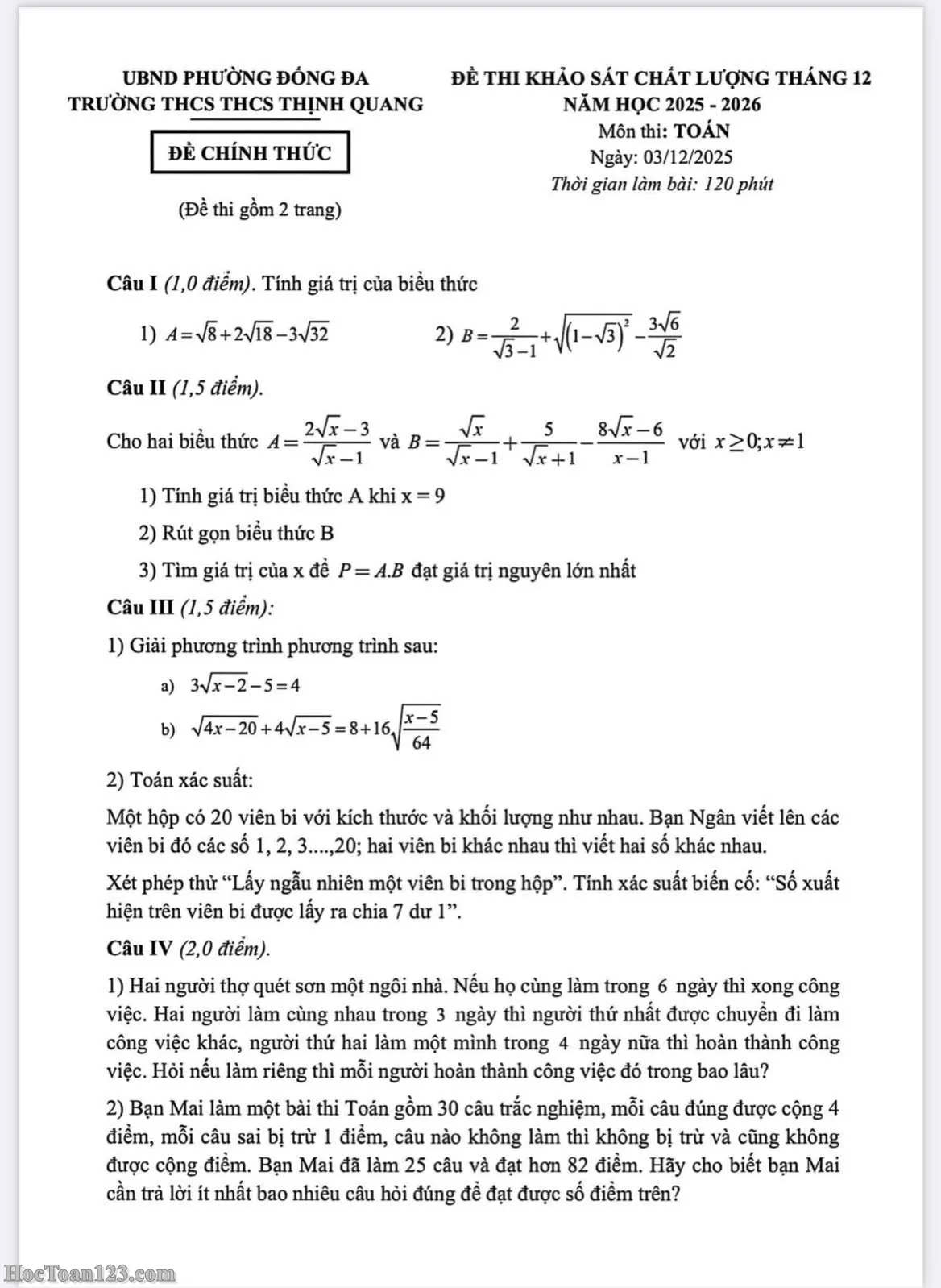 Đề khảo sát Toán 9 tháng 12 năm 2025 THCS Thịnh Quang – Đống Đa có đáp án