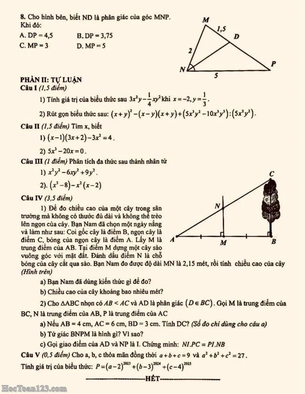 Đề kiểm tra HK1 Toán 8 THCS Phan Chu Trinh 2024-2025 có đáp án
