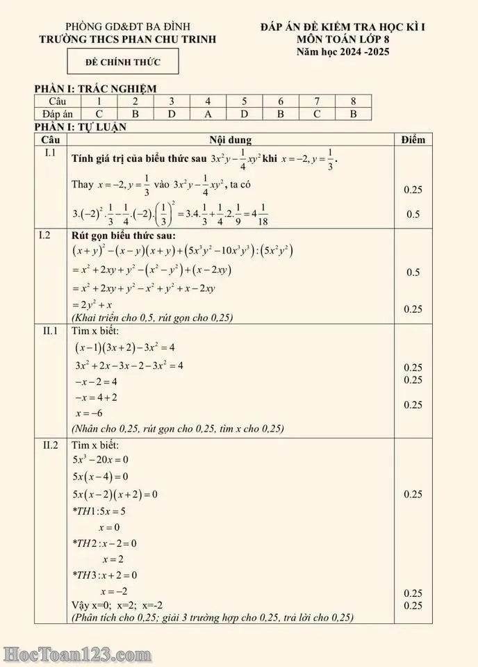 Đề kiểm tra HK1 Toán 8 THCS Phan Chu Trinh 2024-2025 có đáp án