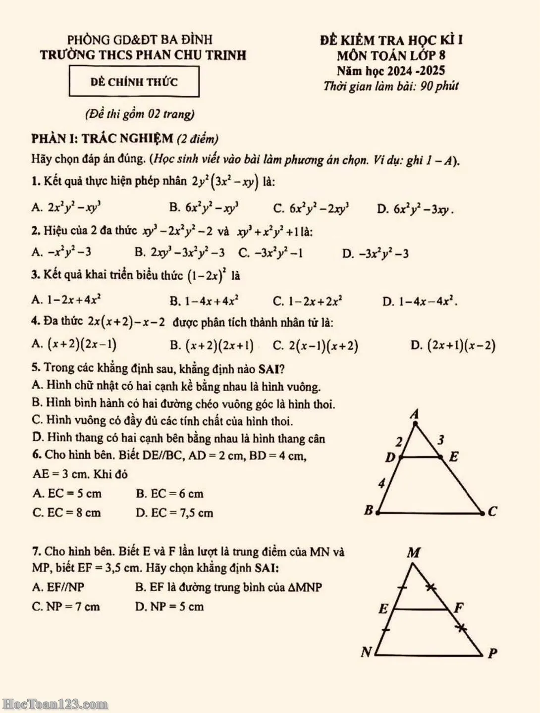 Đề kiểm tra HK1 Toán 8 THCS Phan Chu Trinh 2024-2025 có đáp án