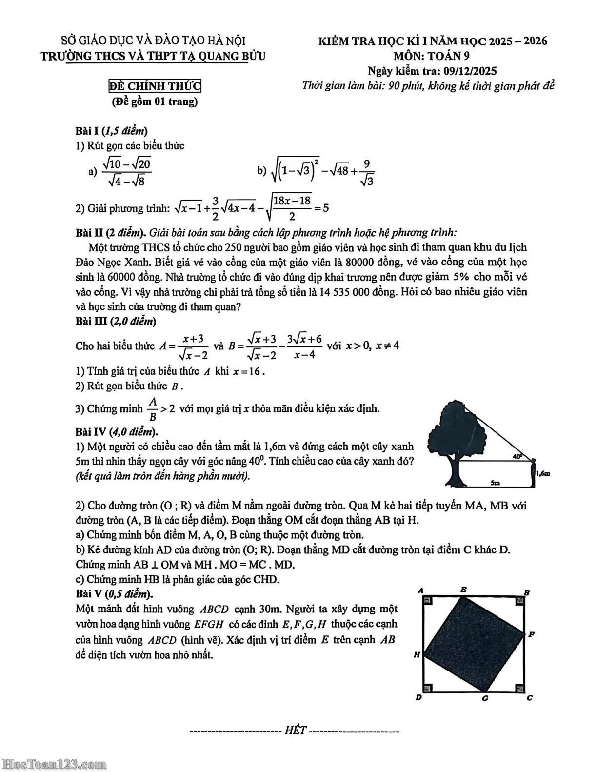 Đề kiểm tra HK1 Toán 9 THCS và THPT Tạ Quang Bửu 2025-2026