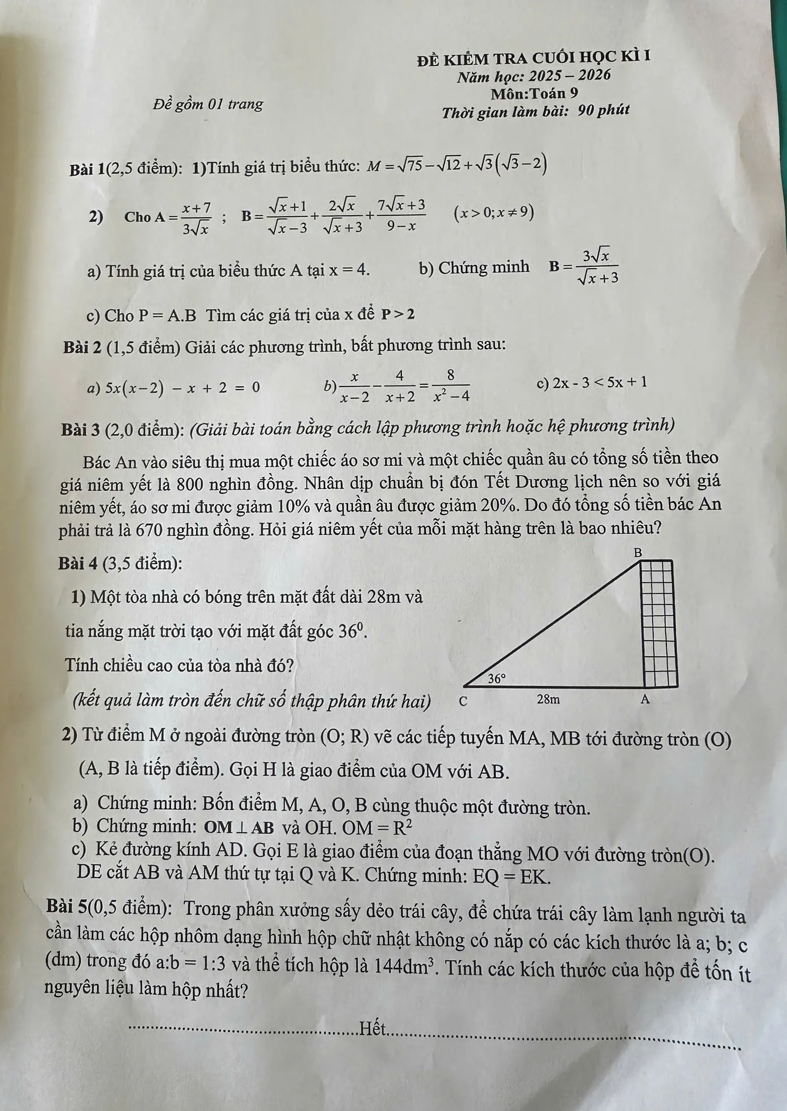Đề thi HK1 Toán 9 THCS Sơn Đồng 2025-2026