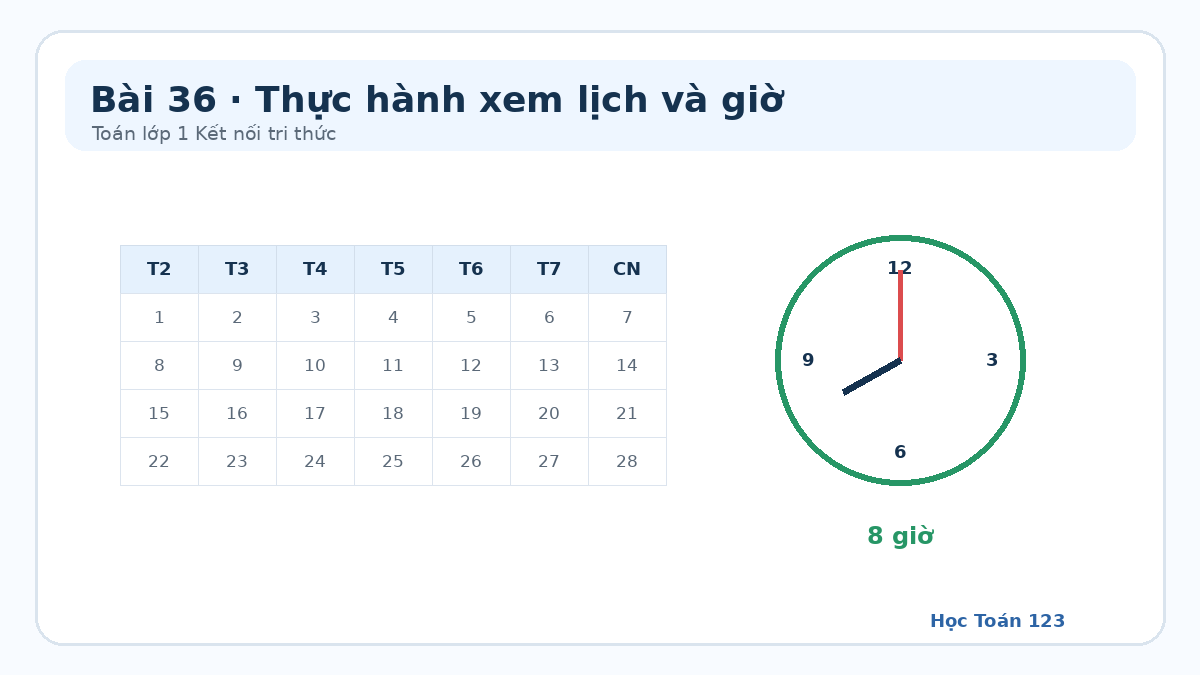Minh họa lịch tháng và đồng hồ chỉ 8 giờ