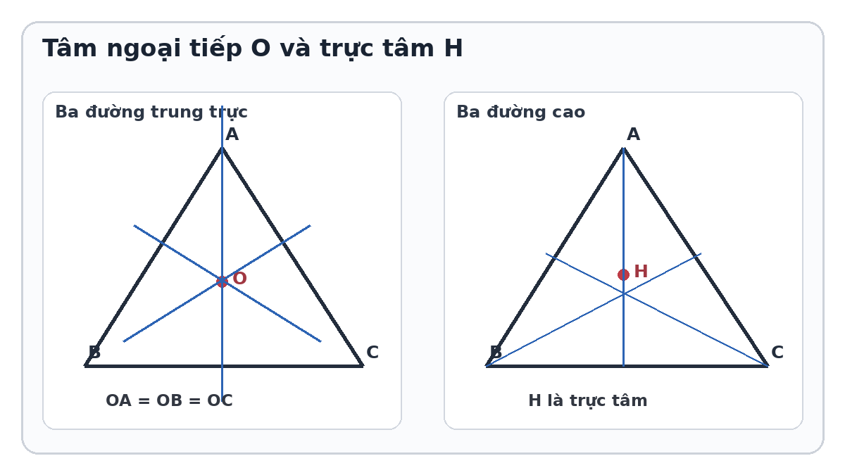Hai tam giác minh họa tâm ngoại tiếp và trực tâm