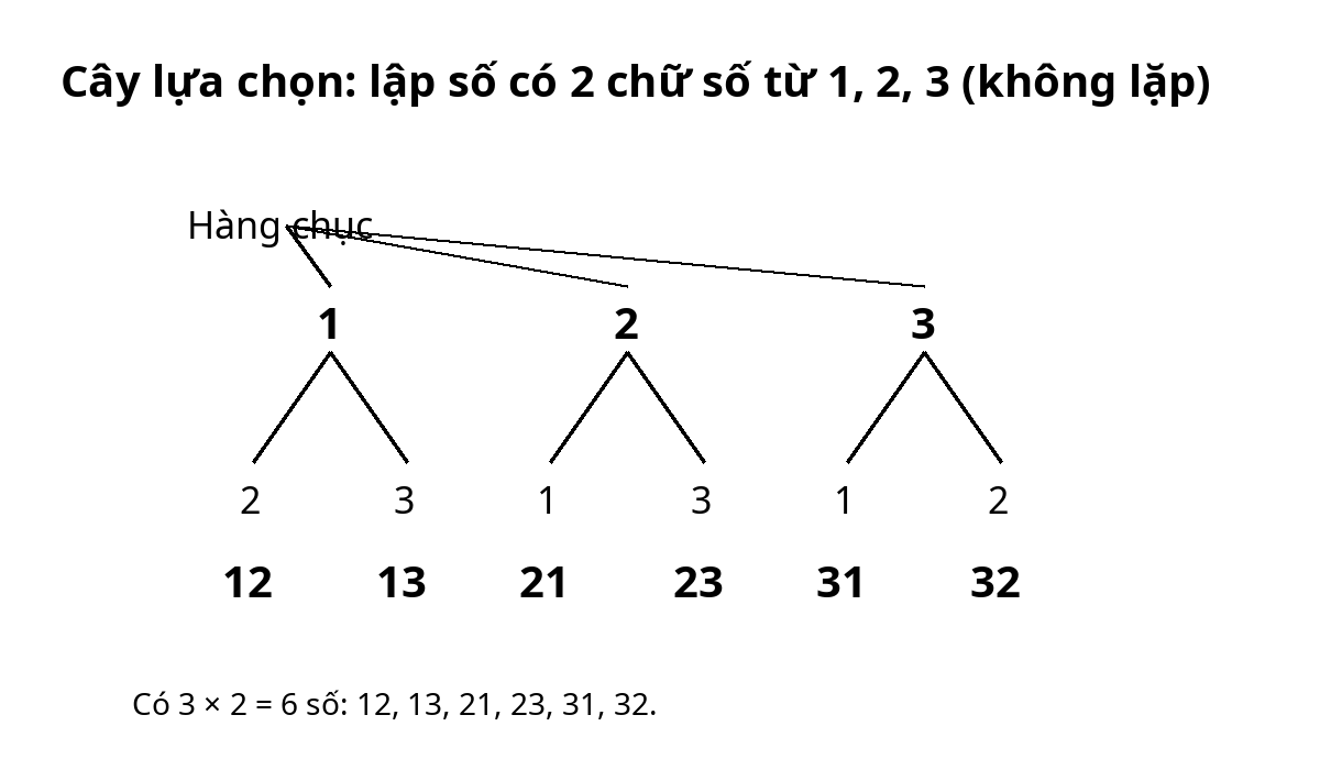 Cây lựa chọn lập số hai chữ số từ 1, 2, 3 không lặp